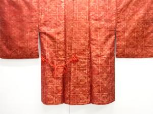 未使用品　格子に華紋・花丸文様織り出し道中着